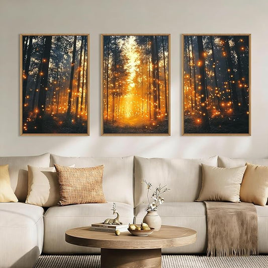 Aryroi Magical Firefly Forest Framed Canvas Wall Art Set,Enchanted Night Nature Mystical Woodland Wall Decor,Whimsical Orange Twinkling Black Tree Art Print for Living Room, Bedroom, Office- 24"x36"x3