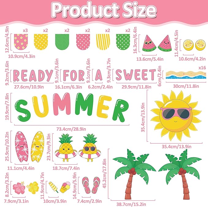 Summer Bulletin Board Decoration Set Beach Bulletin Board Decorations Summertime Hawaiian Paper Cutouts kit Sweet Summer Tropical Theme Decor for School Classroom Home Office Chalkboard Wall Door