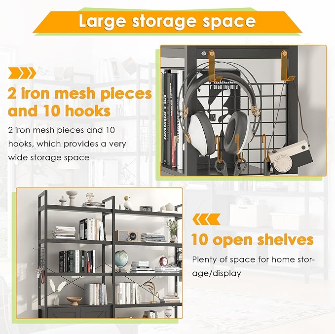 Semoic 6-tire Farmhouse Black Corner Book Shelf with 2 Barn Doors and 10 Storage Shelves, 71.3" Tall Convertible Etagere Bookcase with Storage Cabinet, Large L Shaped Bookshelf for Living Room(Black)