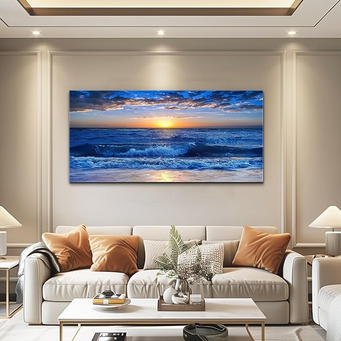 canvas wall art for living room Blue Ocean Sea sun landscape painting bathroom Wall Decor Ready to Hang for Home Decorations office family bedroom kitchen Works canvas Prints pictures 20" x 40"inch