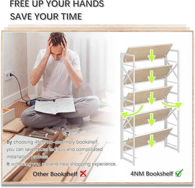 4NM Extra Wide 5 Tiers No Assembly Book Shelves, 51.2" H Folding Bookshelf Bookcase Open Industrial Foldable Shelves for Bedroom, Living Room, Home Office - Natural White