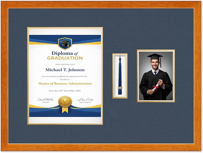 Diploma Tassel and Photo Frame Honey Oak Shadowbox Navy Blue Over Gold Mat - Fits 10 x 13 Degree Picture Made in the USA