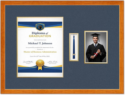 Diploma Tassel and Photo Frame Honey Oak Shadowbox Navy Blue Over Gold Mat - Fits 10 x 13 Degree Picture Made in the USA