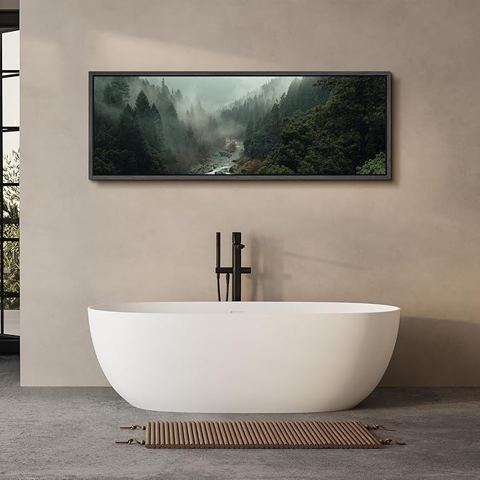 SIGNFORD Large Framed Canvas Misty Forest River Landscape Nature Photography Illustrations Modern Art Calm Warm for Living Room, Bedroom, Office - 60"x20"