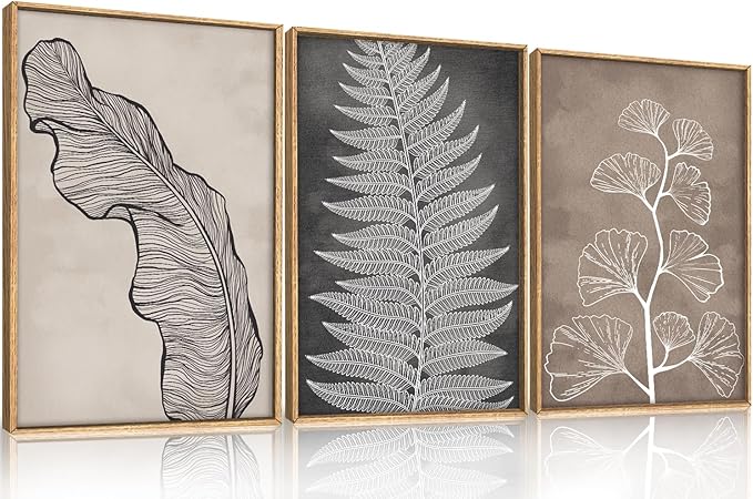 HLNIUC Botanical Neutral Framed Wall Art Set, Abstract Fern Leaf Canvas Wall Decor, Vintage Rustic Plant Wall Painting, Black Beige Nature Art Print for Living Room, Bedroom, Office - 16"x24"x3