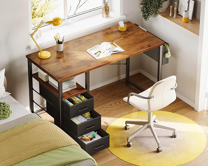 AODK 40" Small Computer Desk with Fabric Drawer, Kids Girls Teen Study Writing Desk for Bedroom, Home Office Desk with Storage Shelf & Bag for Small Space, Vintage