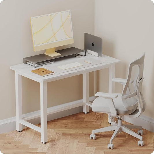 43" Home Office Desk Modern Computer Desk 43.3x23.6x29.5 inches PC Table with Thicken Frame Industrial Style Sturdy Metal Frame Furniture for Writing Gaming Marble White+White
