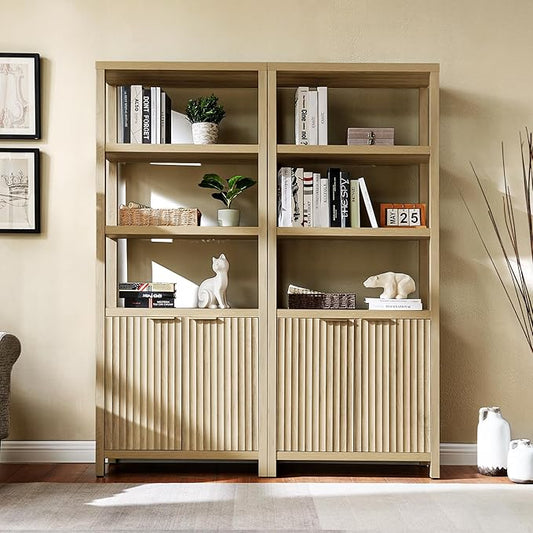 71" Tall Fluted Bookshelf with Cabinet, 5-Tier Large Bookcase with Adjustable Shelves and Doors, Storage Book Shelf for Living Room, Bedroom, Office (Golded Oak, 2PCS)