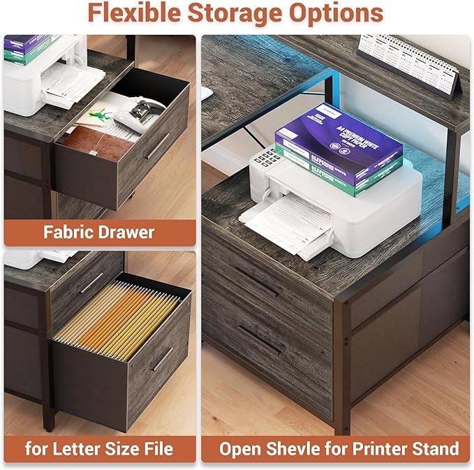 Aheaplus L Shaped Desk with File Drawer, 72.8" Reversible L Shaped Computer Desk with Power Outlet & LED Strip, Gaming Desks with Monitor Stand, Corner Office Desks with Storage Shelf, Grey Oak