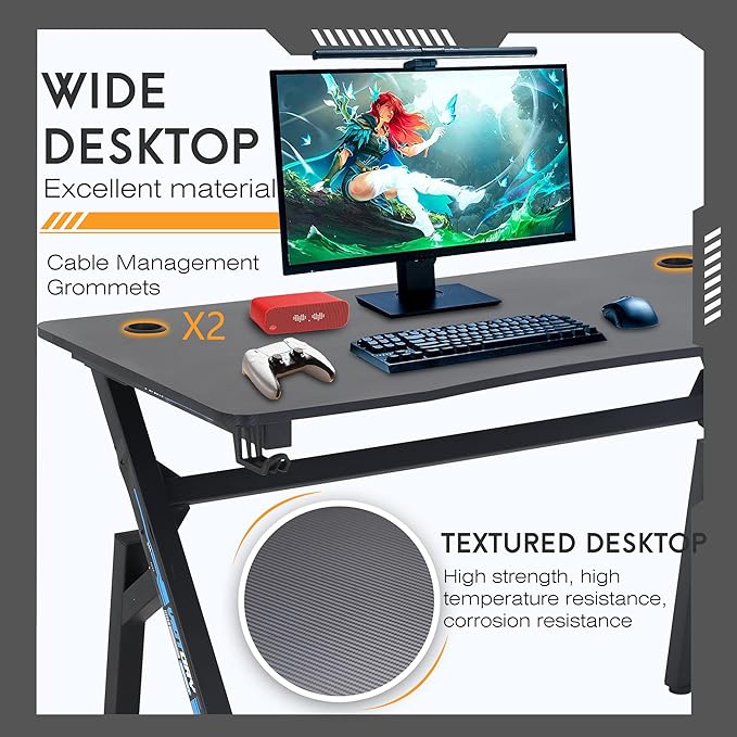 BestOffice | 47" Gaming Desk | Blue | Carbon Fiber Textured Computer Desk | Sturdy Steel Frame, Cup Holder, Headphone Hook, Cable Management Holes, Adjustable Leg Pads | for Gamers, Home, Office