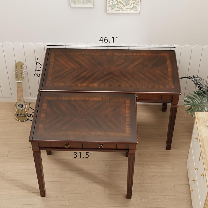 Computer Writing Desk with 2 Storage Drawers, 46"W French Provincial Corner Desk Table with Carved Legs, Solid Wood Large Vanity Dressing Desk, Home Office Table,Easy Assembly, Dark Cherry BSZ-D1258