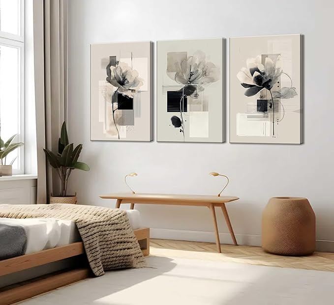 3Pcs Modern Abstract Floral Canvas Wall Art Minimalist Neutral Beige And Black Flower Botanical Painting Picture Wall Decor Poster Print Artwork for Living Room Bedroom Home Decoration