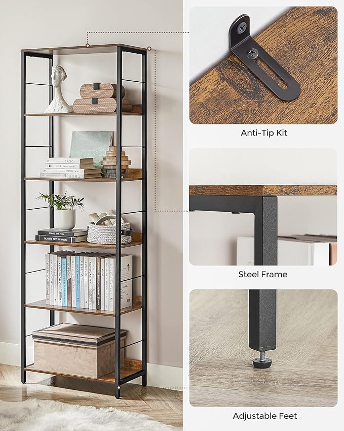 VASAGLE 6-Tier Bookshelf, Bookcase for Office, 11.8 x 23.6 x 70.1 Inches, Shelving Unit, with Back Panels, Industrial Style, for Living Room, Study, Home Office, Rustic Brown and Ink Black ULLS118B01