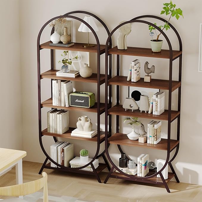 Bookshelf Arched Bookcase, 5 Tier Open Freestanding Display Shelf for Home Office, Living Room, Walnut