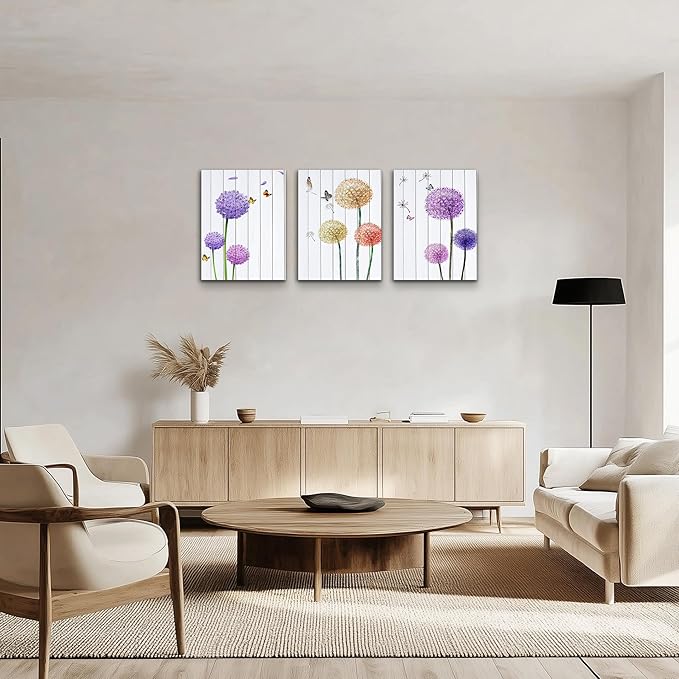 MHARTK66 Wall Art for Bedroom Wall Art Set of 3, Minimalist Wall Art Colorful Dandelion Canvas Artwork Paintings, Abstract Botanical Pictures for Modern Farmhouse Kitchen Bathroom Office,12"x16"