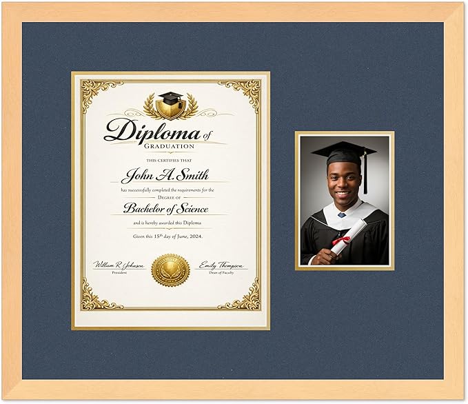 CountryArtHouse Fits 10 x 13 College Diploma (Portrait Traditional) and 5 x 7 Diploma and Photo Frame Natural Wood Genuine Hardwood with Navy Blue Over Metallic Gold Double mat
