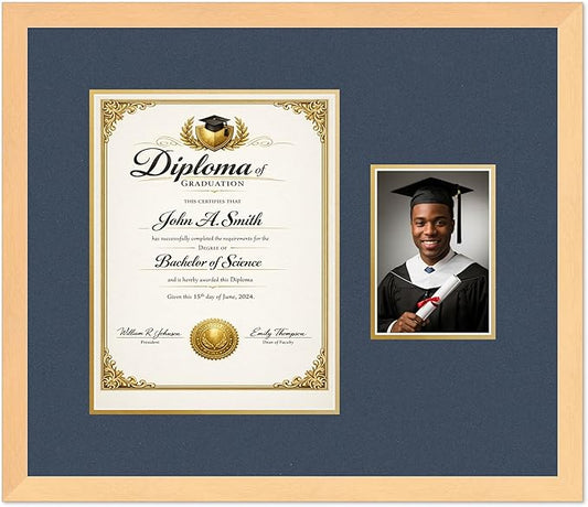 CountryArtHouse Fits 10 x 13 College Diploma (Portrait Traditional) and 5 x 7 Diploma and Photo Frame Natural Wood Genuine Hardwood with Navy Blue Over Metallic Gold Double mat