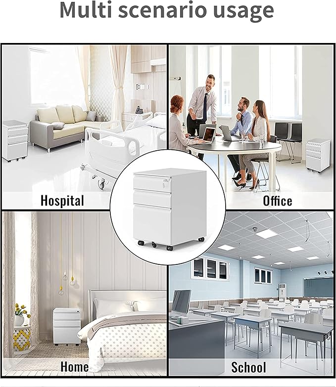 3-Drawer Mobile File Cabinets Rolling, Vertical Metal Filing Cabinet for Legal & Letter File Anti-tilt Design with Lock Under Desk Office Drawers Fully Assembled (White)