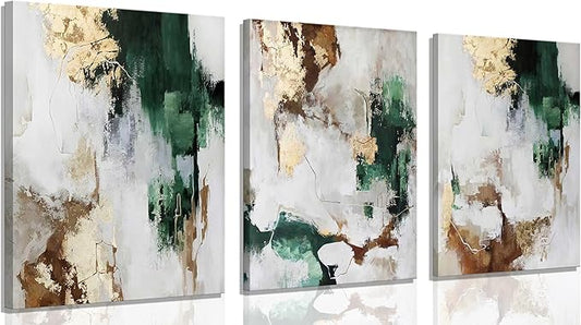 3Pcs Framed Green and Gold Canvas Wall Art Abstract Posters Print Brown and Gray Line Pictures Decor for Living Room Bedroom Bathroom Home Decoration