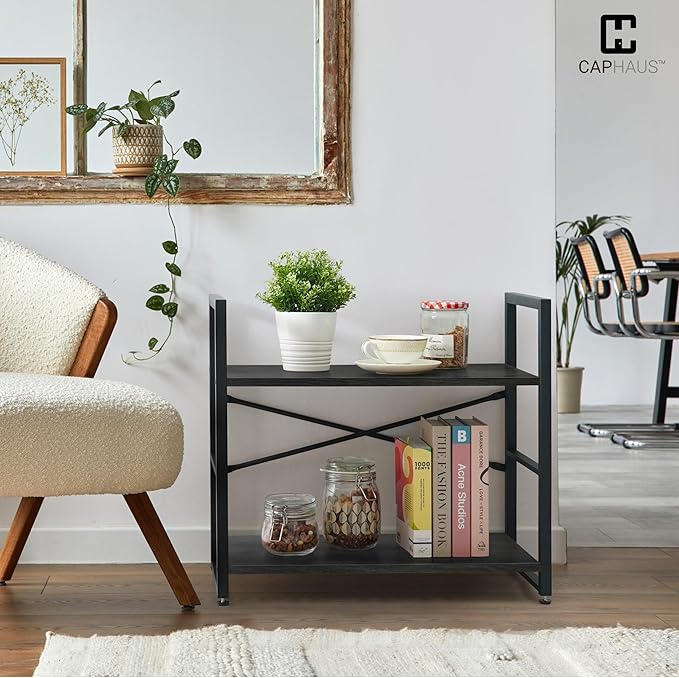 CAPHAUS 2 Tier Small Bookshelf, Bookcase Shelf Storage Organizer for Living Room, 24 Inch Width Free Standing Shelf, Industrial Book Shelves for Home Office, Black Vintage Shelves & Metal Frame