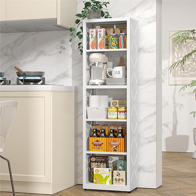 5 Tier Bookshelf, 55"Tall Metal Bookcase with Adjustable Shelves, Modern Display Book Shelf, White Bookcase Shelf, Utility Shelf, Storage Shelves for Office, Living Room, Kitchen, Study-16"W