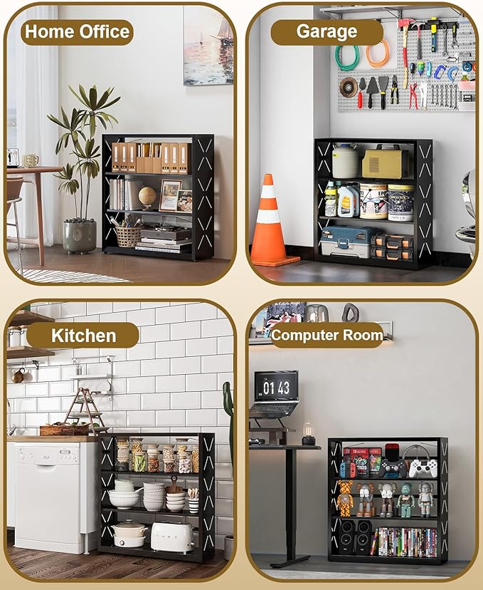 Small Bookshelf, 3-Tier Metal Adjustable Bookcase with Anti-Tip Kit & Leveling Feet, Black Book Shelves Modern for Bedroom, Kitchen, Garage, Home Office