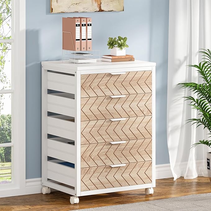 Tribesigns 5-Drawer File Cabinet, Wood Mobile Storage Drawer Unit, Industrial Office Cabinet with Drawers & Wheels, Rolling Printer Stand for Home Office, Beige & White