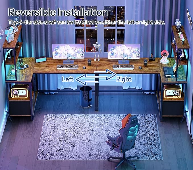 HOOBRO L Shaped Gaming Desk, 46 Inch Reversible Computer Desk with LED Light & Power Outlet, Office Desk with Storage Shelves & Drawer, for Home Office, Study, Rustic Brown and Black BF18UDDN01