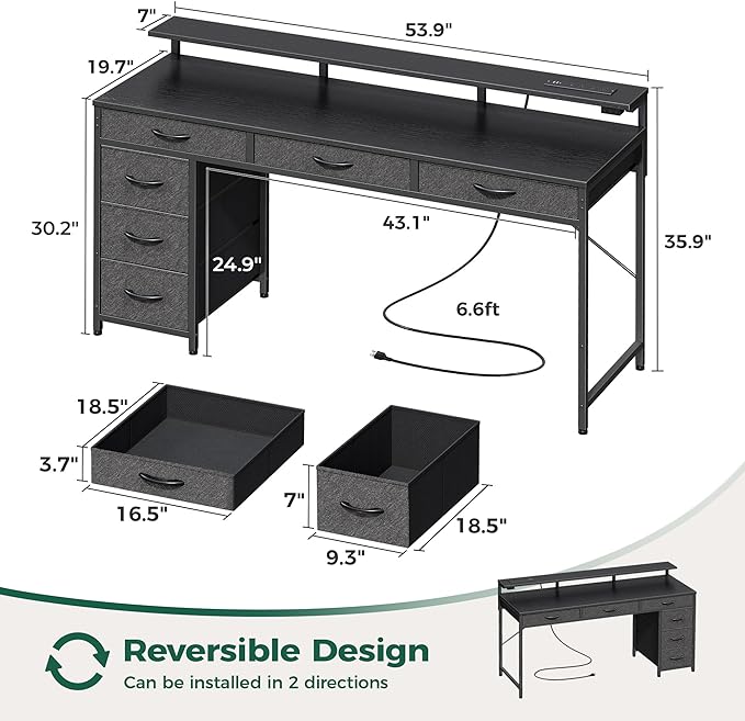 Huuger Gaming Desk with 6 Drawers, Computer Desk with LED Lights Power Outlets and Type-C, 55 Inch Office Desk with Storage, Monitor Stand, Writing Desk Work Desk Home Office, Bedroom, Study, Black