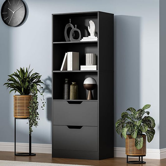 Bookcase with 2 Drawers, 63" 3-Tier Bookshelf with Storage, 3 Shelf Book Shelf with Adjustable Shelf, Modern Bookshelf, Open Shelves Bookcase for Study, Bedroom & Home Office, Black