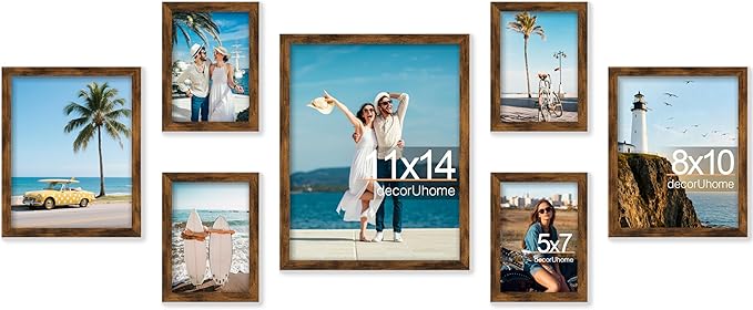 decorUhome Assorted Picture Frames Collage Wall Decor for Photo Gallery Display Set of 7 Including One 11x14 / Two 8x10 / Four 5x7 for Family Wall Decor, Distressed Brown, 7 Pack