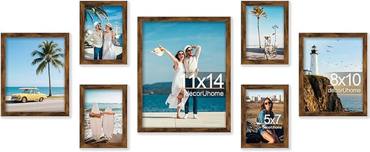 decorUhome Assorted Picture Frames Collage Wall Decor for Photo Gallery Display Set of 7 Including One 11x14 / Two 8x10 / Four 5x7 for Family Wall Decor, Distressed Brown, 7 Pack