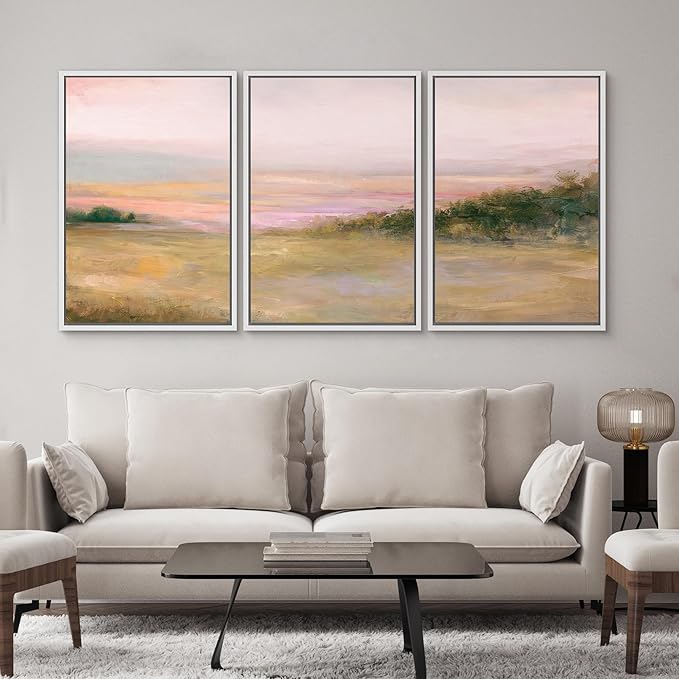 SIGNWIN Framed Canvas Print Wall Art Set Blush Sunset Over Meadow Illustrations Decorative Relax/Calm Zen for Living Room, Bedroom, Office - 16"x24"x3 WHITE