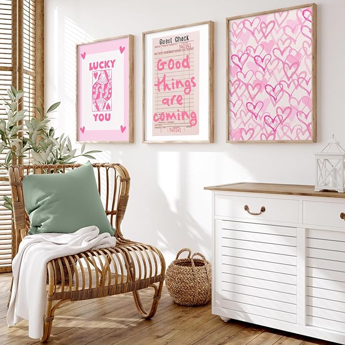Youillne Lucky You Pink Wall Art Guest Check Preppy Wall Decor Trendy Aesthetic Canvas Wall Art Funky Poster Cute Picture Prints Inspirational Artwork for Room Bedroom 12x16 Inch Unframed Set of 3