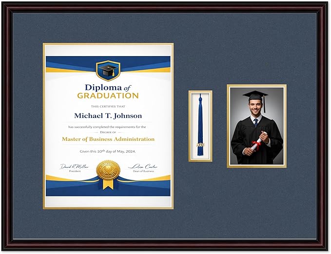 Diploma Tassel and Photo Frame Executive Brown Shadowbox Navy Blue Over Gold Mat - Fits 11 x 14 Degree Picture Made in the USA