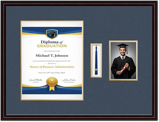 Diploma Tassel and Photo Frame Executive Brown Shadowbox Navy Blue Over Gold Mat - Fits 11 x 14 Degree Picture Made in the USA