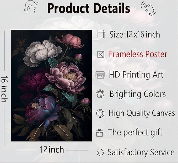 3 Pcs Moody Floral Canvas Wall Art Vintage Dark Peony Flowers Botanical Still Life Painting Picture Wall Decor Poster Print Artwork for Living Room Bedroom Women Room Home Decoration Unframed
