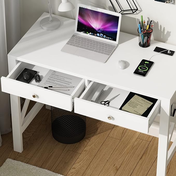 ChooChoo Computer Desk with USB Charging Ports and Power Outlets, Modern Simple 40 Inches Desk with Drawers, Makeup Vanity Console Table, White