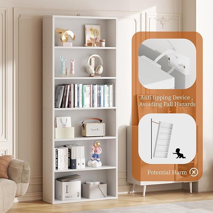Vongrasig 6-Tier Open Bookcase and Bookshelf, Floor Standing Wood Display Storage Shelves 71 Inch Tall Bookcase Home Decor Furniture for Home Office, Living Room, Bed Room, White