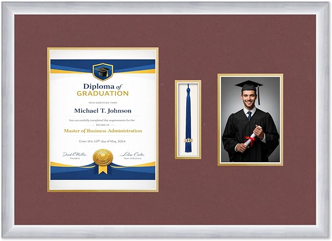 Diploma Tassel and Photo Frame Stainless Silver Shadowbox Dark Red Over Gold Mat - Fits 8.5 x 11 Degree Picture Made in the USA