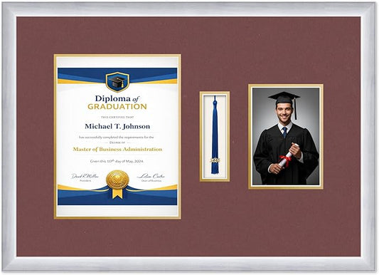 Diploma Tassel and Photo Frame Stainless Silver Shadowbox Dark Red Over Gold Mat - Fits 8.5 x 11 Degree Picture Made in the USA