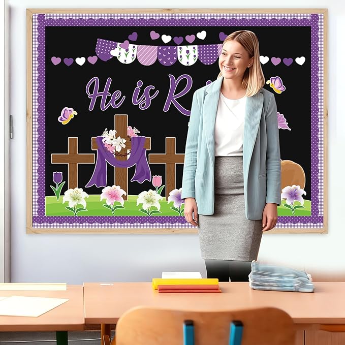 85Pcs Easter Bulletin Board Classroom Decorations Set He is Risen Christian Religious Bulletin Board Cross Flower Easter Cutouts Spring School Home Church Wall Door