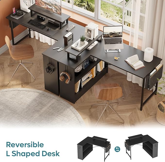 Bestier Small L Shaped Desk with LED Lights, 42 Reversible Computer Desk with Open Storage Cabinet & Monitor Stand, Corner Desk with Side Storage Bag for Home Office Bedroom, Black