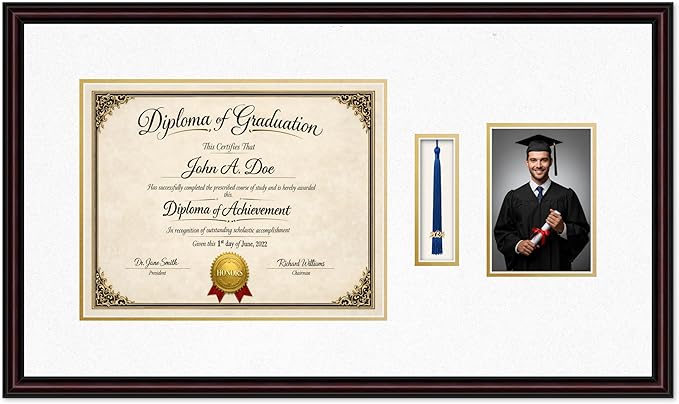 Diploma Tassel and Photo Frame Executive Brown Shadowbox Oyster Shell Over Gold Mat - Fits 14 x 11 Degree Picture Made in the USA