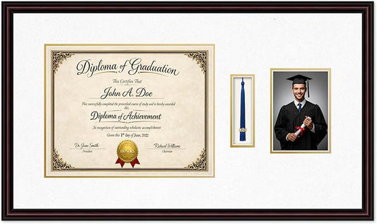 Diploma Tassel and Photo Frame Executive Brown Shadowbox Oyster Shell Over Gold Mat - Fits 14 x 11 Degree Picture Made in the USA