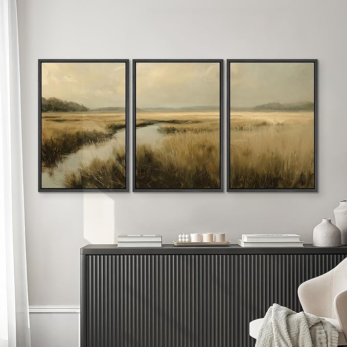SIGNWIN Framed Canvas Print Wall Art Set Creek Through Golden Grasslands Illustrations Decorative Relax/Calm Zen for Living Room, Bedroom, Office - 24"x36"x3 BLACK