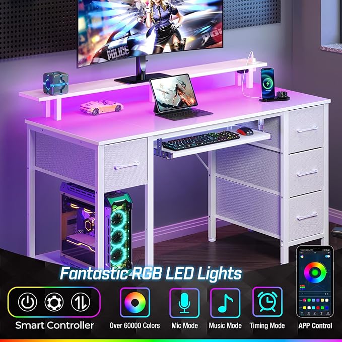 Seventable White Computer Desk with Drawers, Gaming Desk with Keyboard Tray, Office Desk with LED Lights & Power Outlets, 47 inch Writing Desk with Monitor Stand for Small Space