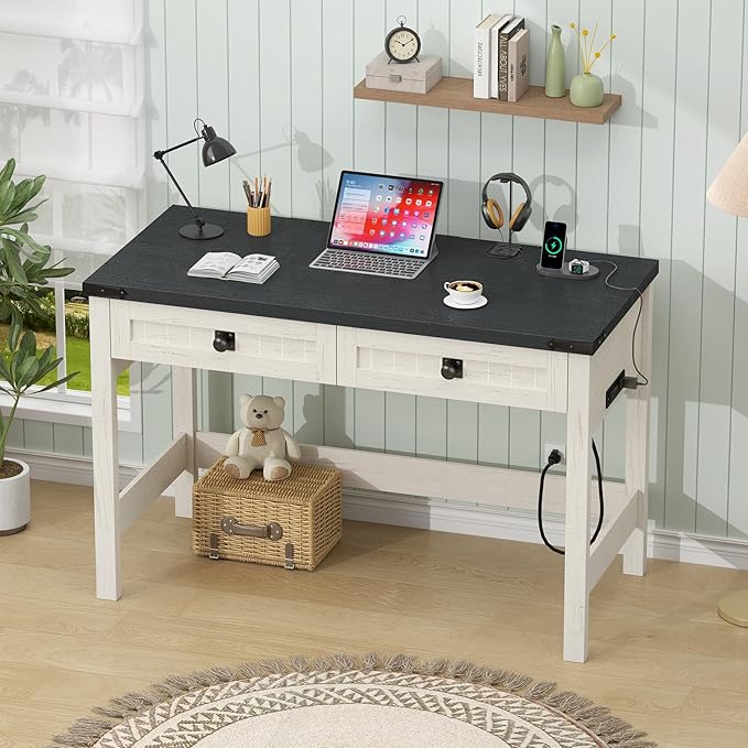 Farmhouse Computer Desk with 2 Drawers, 39 Inch Small Office Computer Desk with Power Outlets, Compact Writing Study Vanity Desk for Small Spaces, Black and White