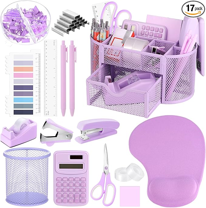 VAIPI 17 Pcs Purple Office Supplies Set Desk Organizers and Accessories with Mouse Pad, Calculator, Stapler, Staples, Scissors, Pens, Sticky Notes, Page Markers for Office School Home