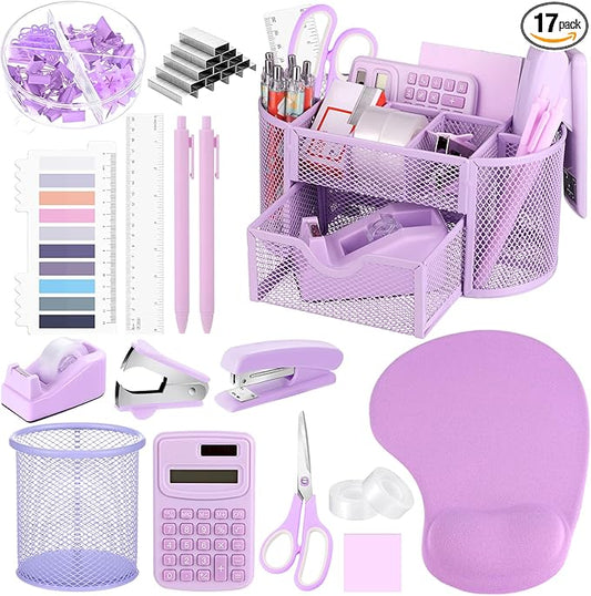 VAIPI 17 Pcs Purple Office Supplies Set Desk Organizers and Accessories with Mouse Pad, Calculator, Stapler, Staples, Scissors, Pens, Sticky Notes, Page Markers for Office School Home